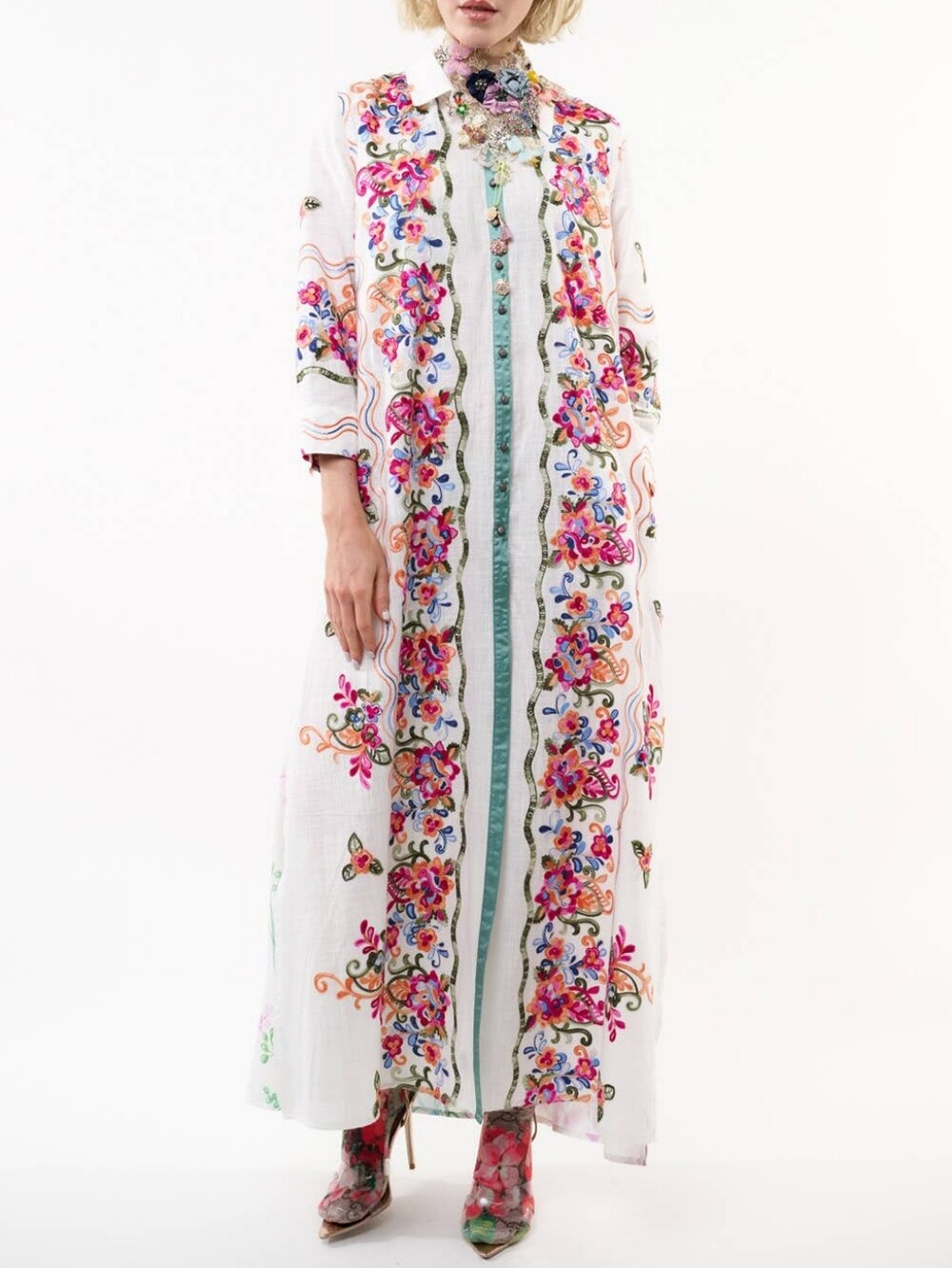 White Floral Embroidered Maxi Shirt Dress